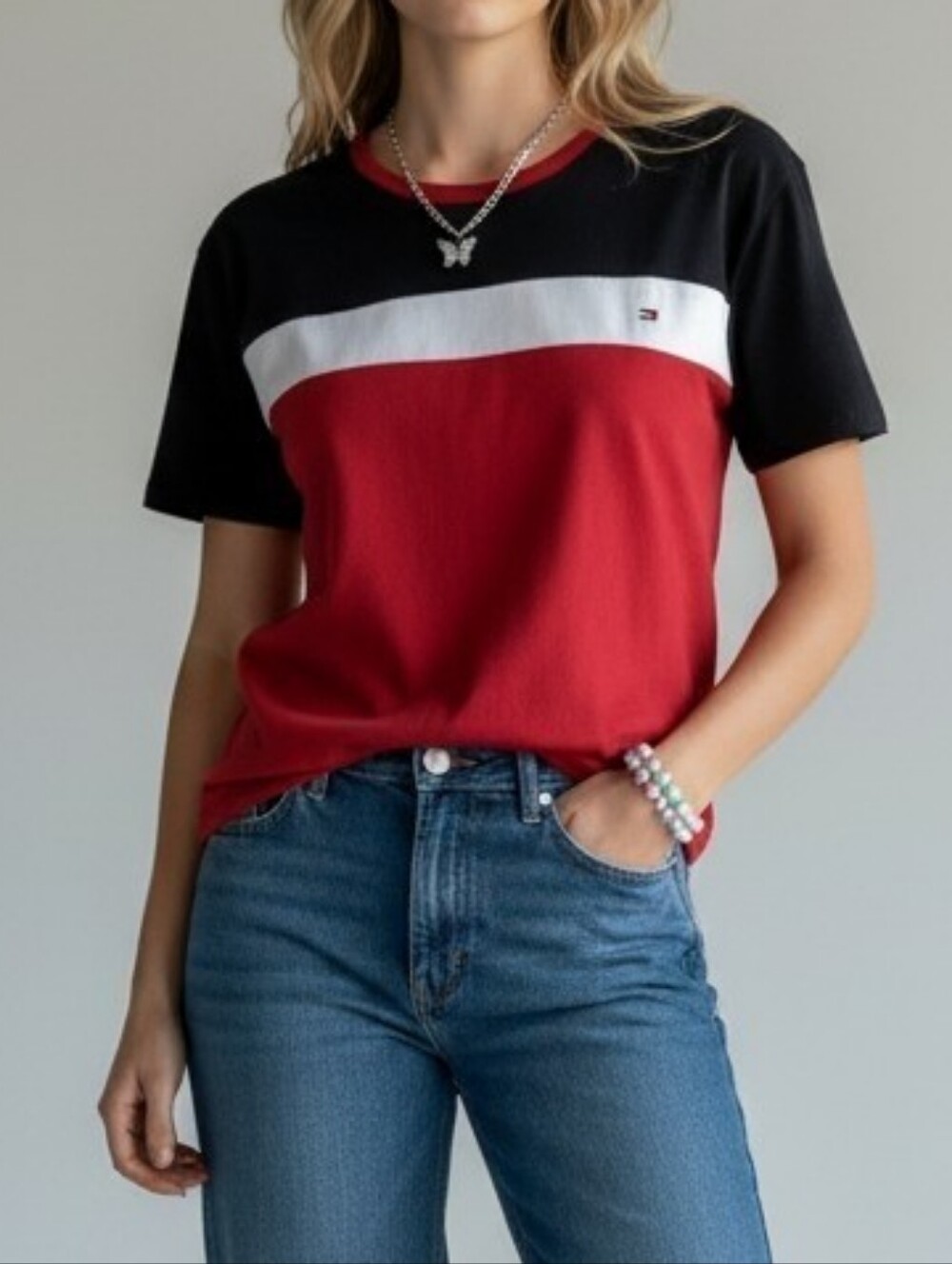 Tommy Hilfiger Y2K Tee L Red Short Sleeve Stripe Embroidered Logo Cotton Preppy